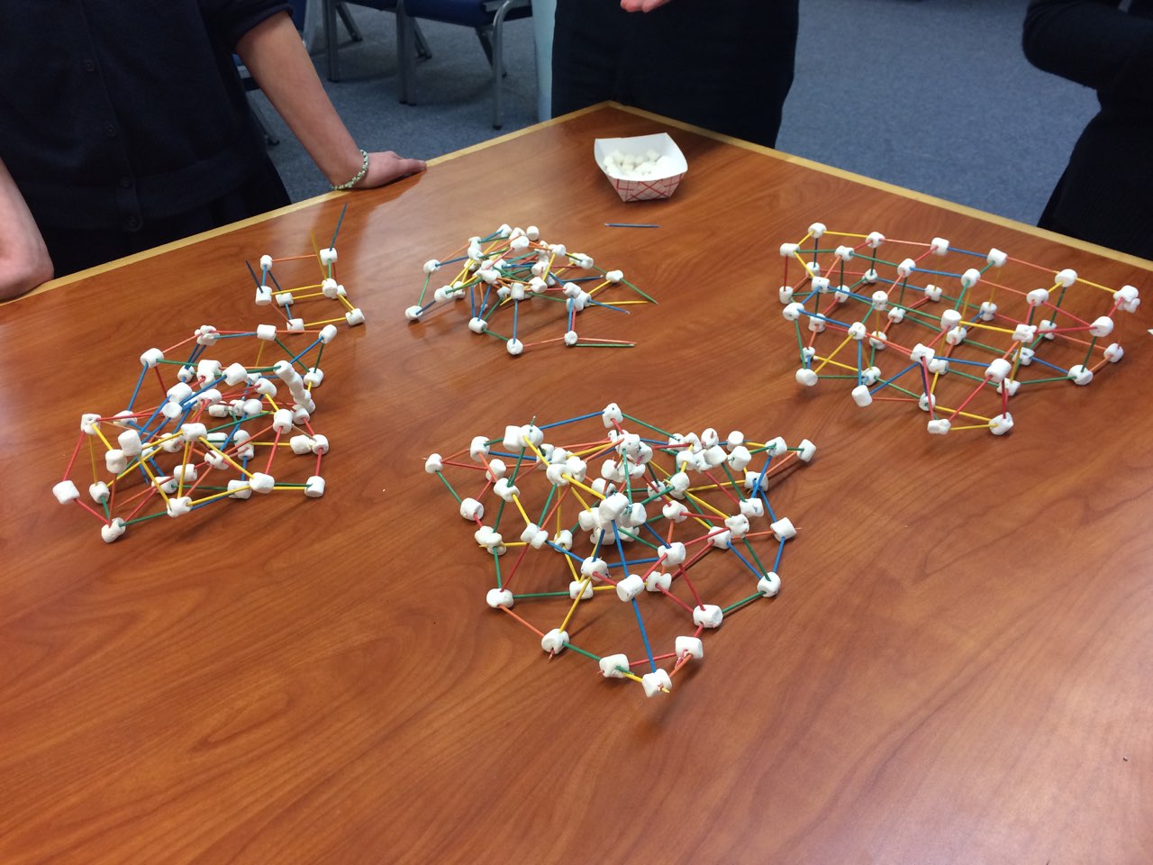 Marshmallow-and-toothpick structures built by NECA students during a Tuesday afternoon STEM project.