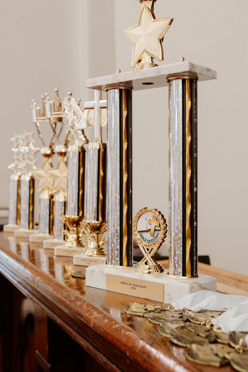 Trophies, medals and honor awards lined up on the rail before a NECA awards ceremony.